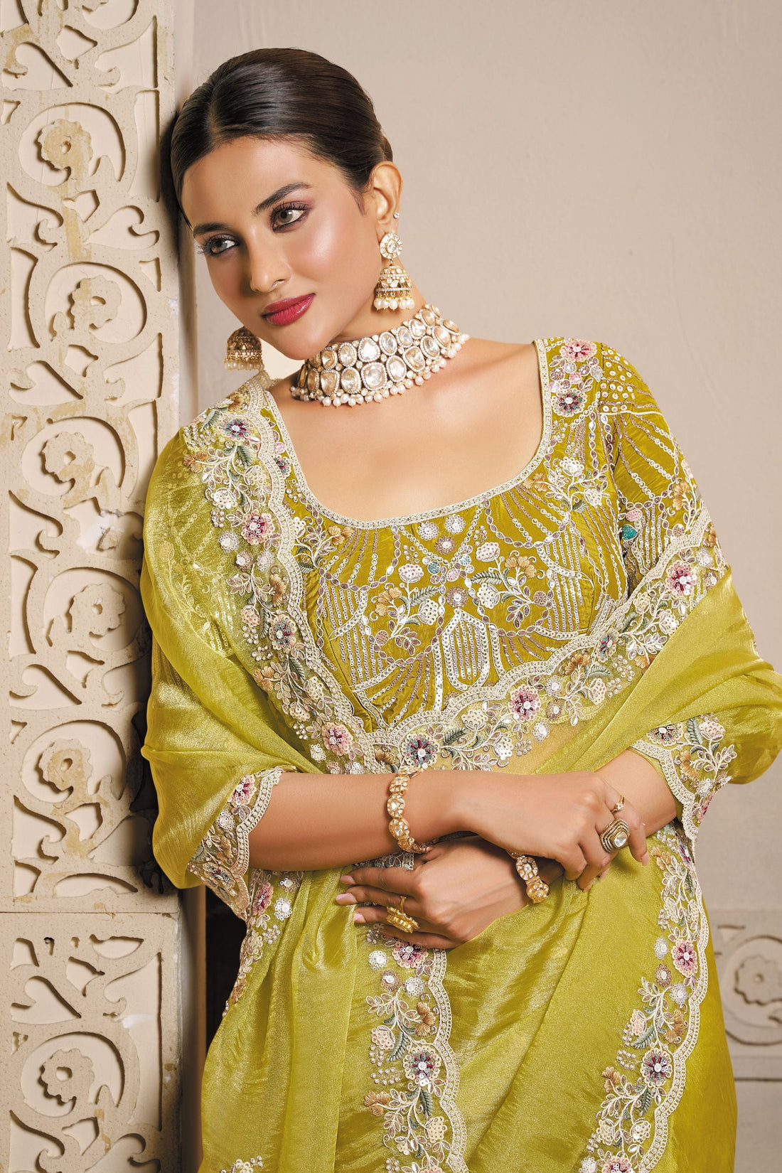 Mahotsav Lime Green Designer Embroidered Silk Saree with Heavy Blouse