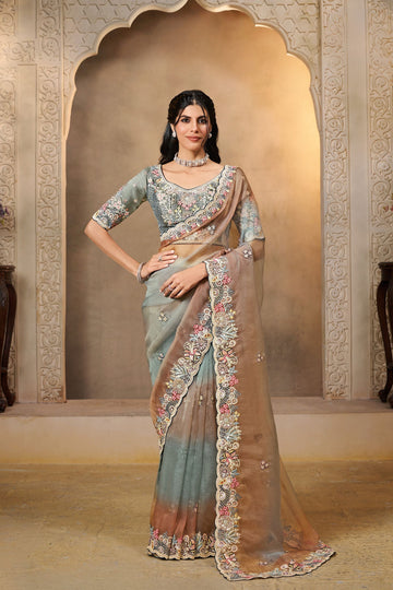 Mahotsav Grey and Brown Designer Silk Saree with Heavy Border & Matching Blouse