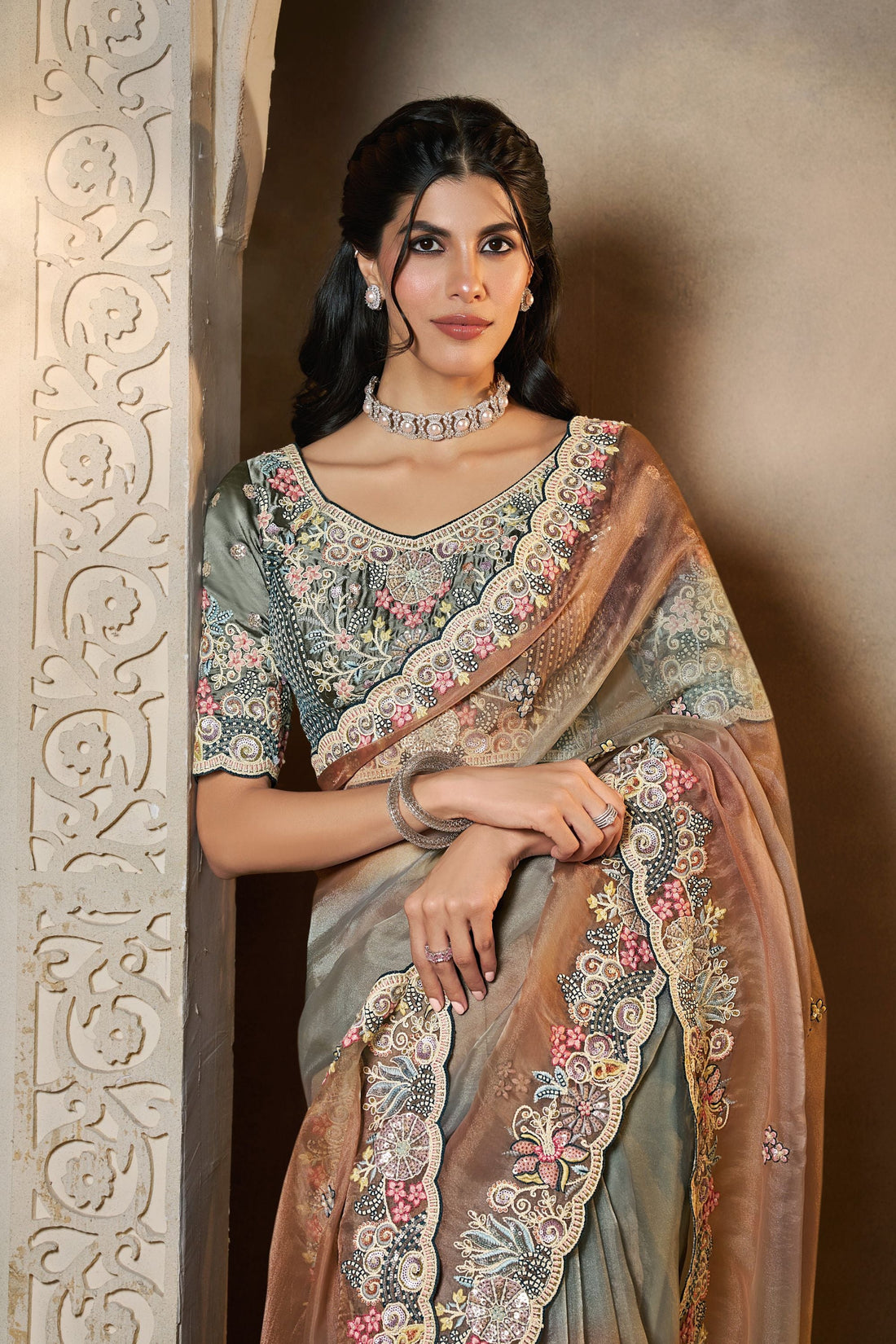 Mahotsav Grey and Brown Designer Silk Saree with Heavy Border & Matching Blouse