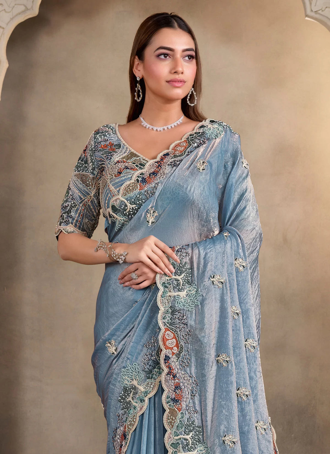 Mahotsav Steel Blue Premium Satin Silk Wedding Saree with Blouse Piece