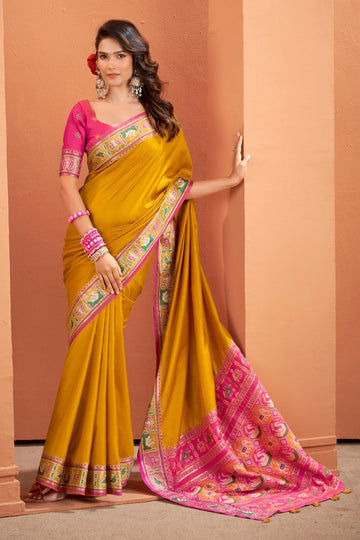 VRUNDAVN Mustard Yellow Patola Silk Saree