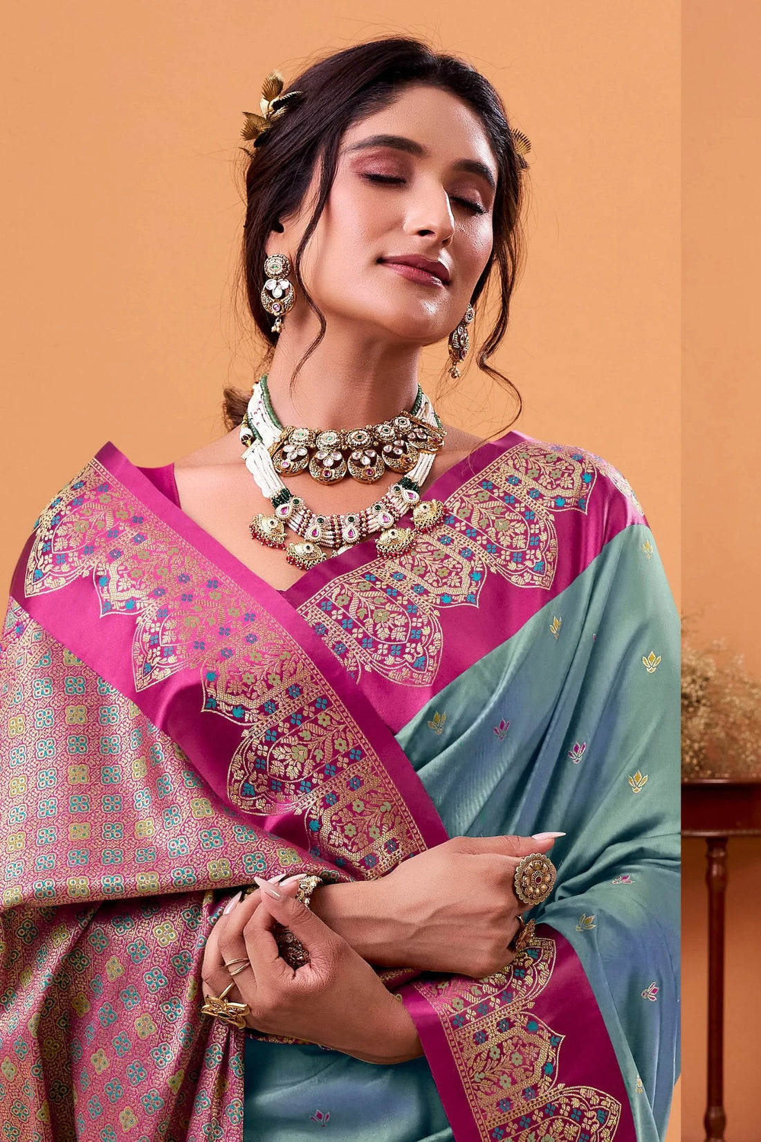 Taapi Ghat Porpoise Blue Satin Silk Banarasi Designer Saree