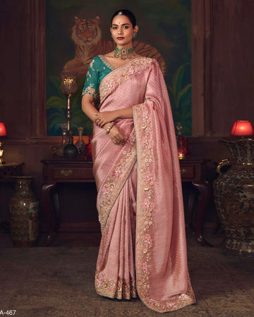 Blush Pink Shagun Silk Saree with Hand Embroidery & Teal Designer Blouse