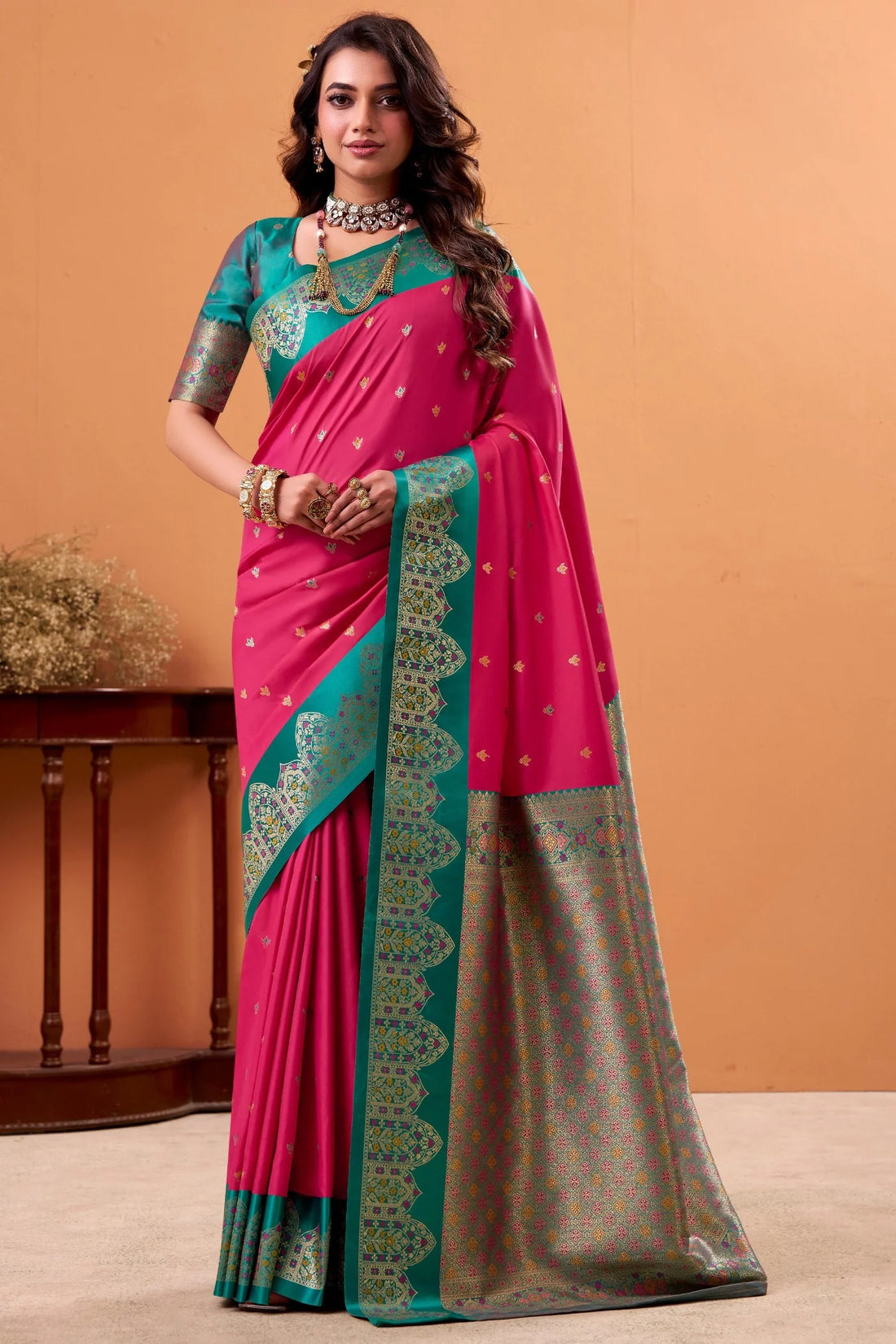 Taapi Ghat Baker Pink Satin Silk Banarasi Designer Saree