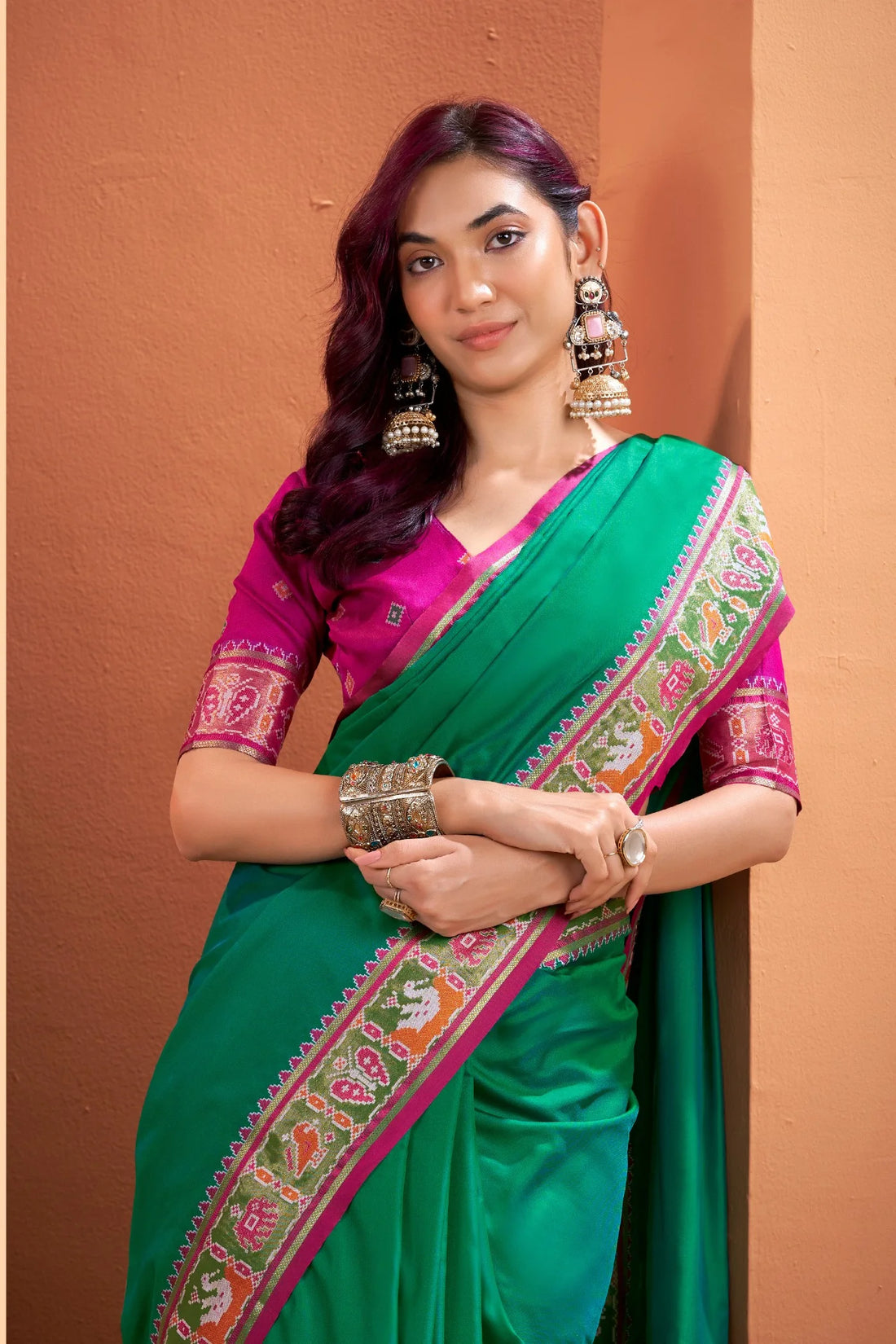 VRUNDAVN Forest Green Patola Silk Saree