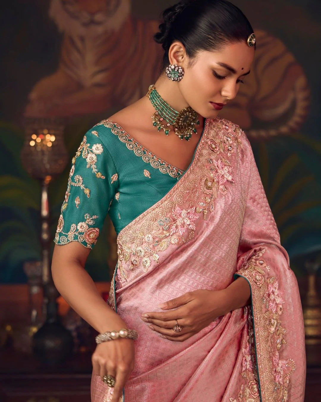 Blush Pink Shagun Silk Saree with Hand Embroidery & Teal Designer Blouse