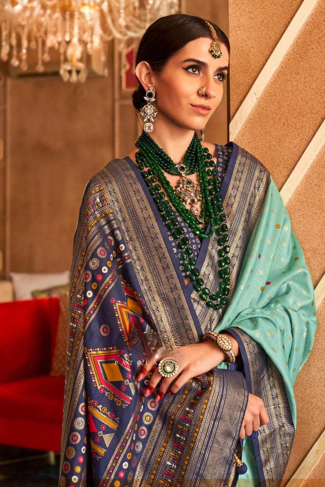 Raniy Blue Mercerized Sigma Silk with Sambalpuri Pallu & Aqua Finish
