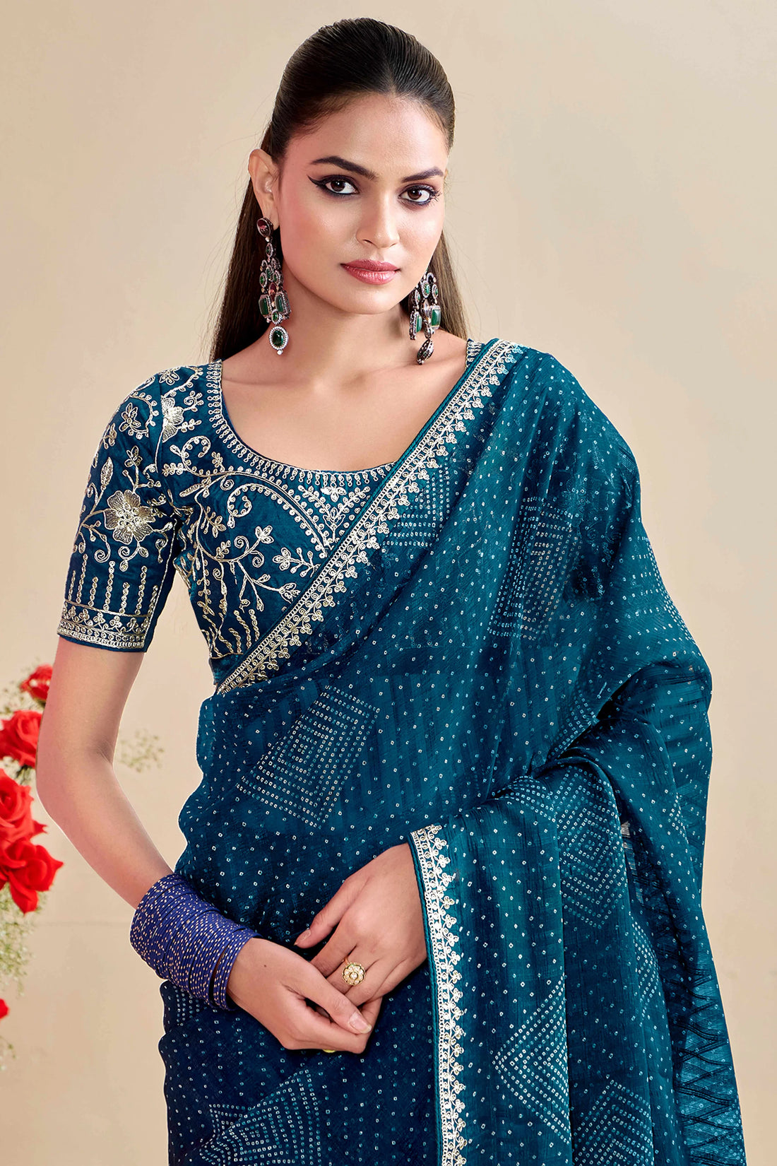 Dark Teal Blue Bandhniya Georgette Saree
