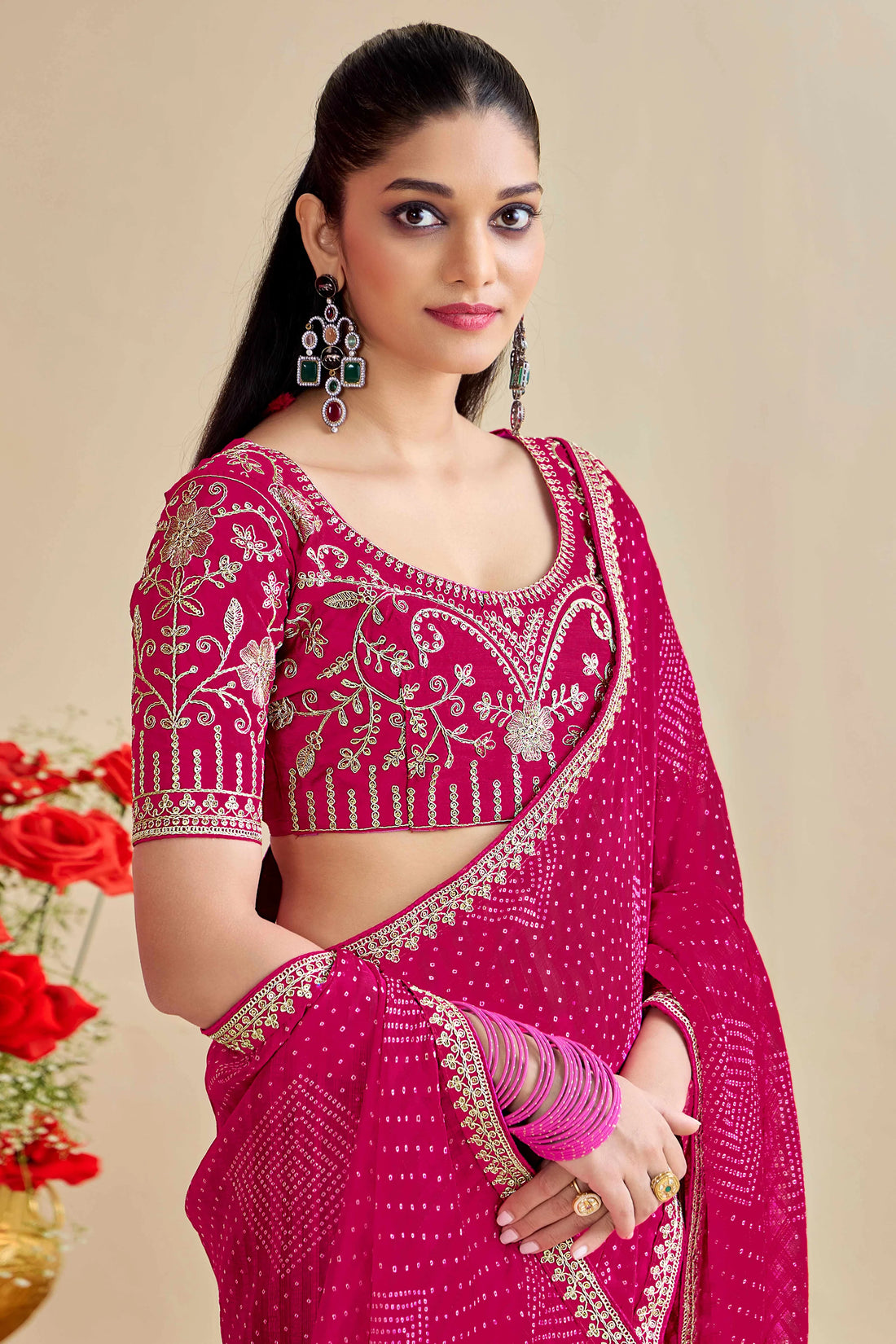 Rani Pink Bandhniya Georgette Saree