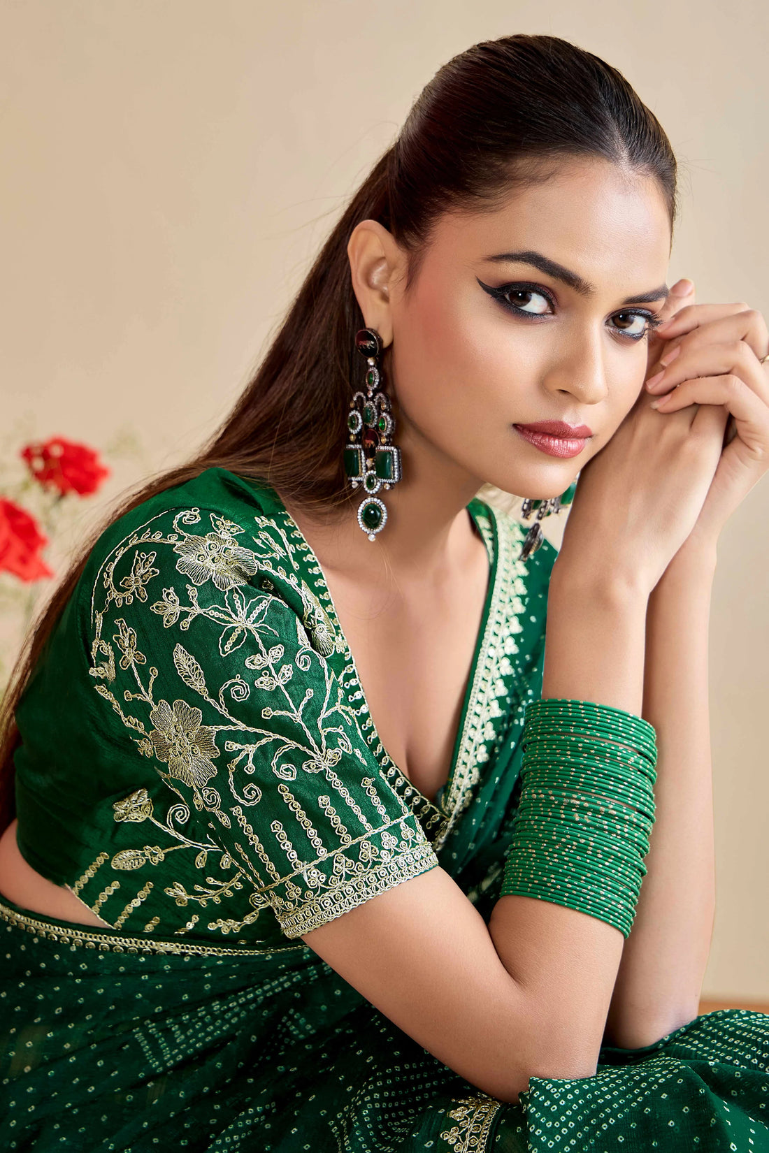 Bottle Green Bandhniya Georgette Saree