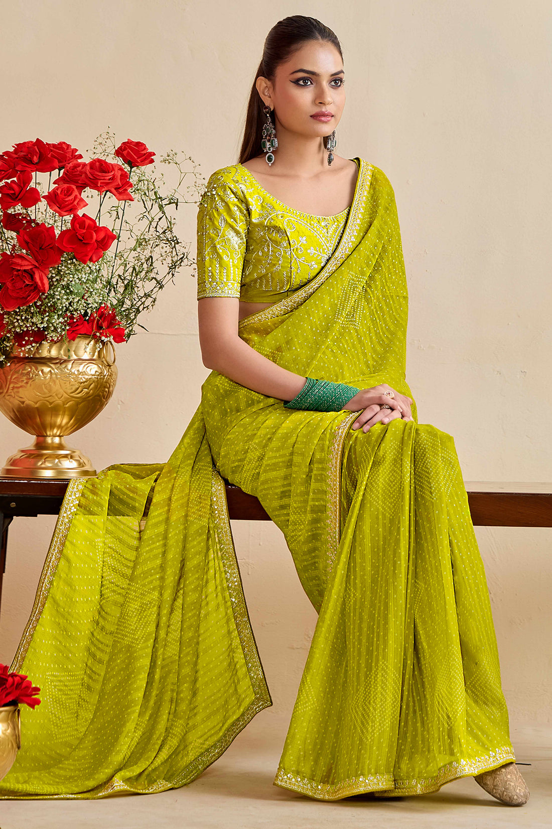 Lime Green Bandhniya Georgette Saree