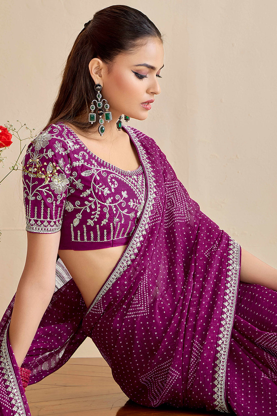 Wine Bandhniya Georgette Saree