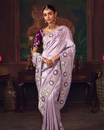 Lavender Shagun Silk Saree with Hand Embroidery & Designer Contrast Blouse