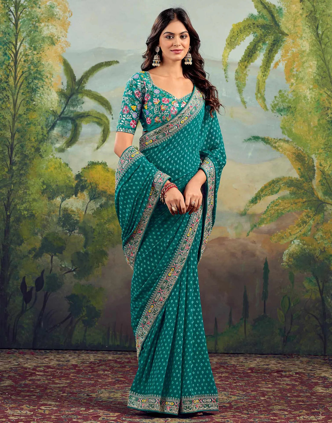 Stavan Raghumala Teal Green Heavy Georgette Embroidered Saree with Designer Blouse