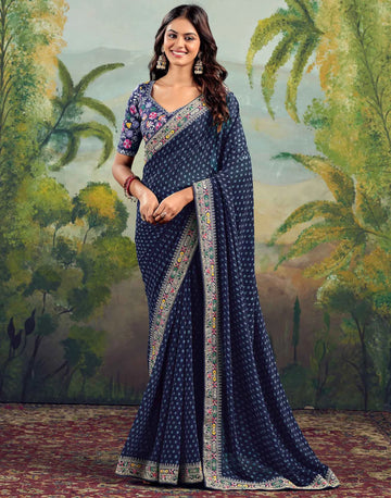 Stavan Raghumala Navy Blue Heavy Georgette Embroidered Saree with Designer Blouse