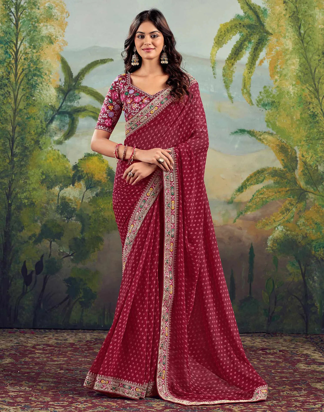 Stavan Raghumala Dark Red Heavy Georgette Embroidered Saree with Designer Blouse