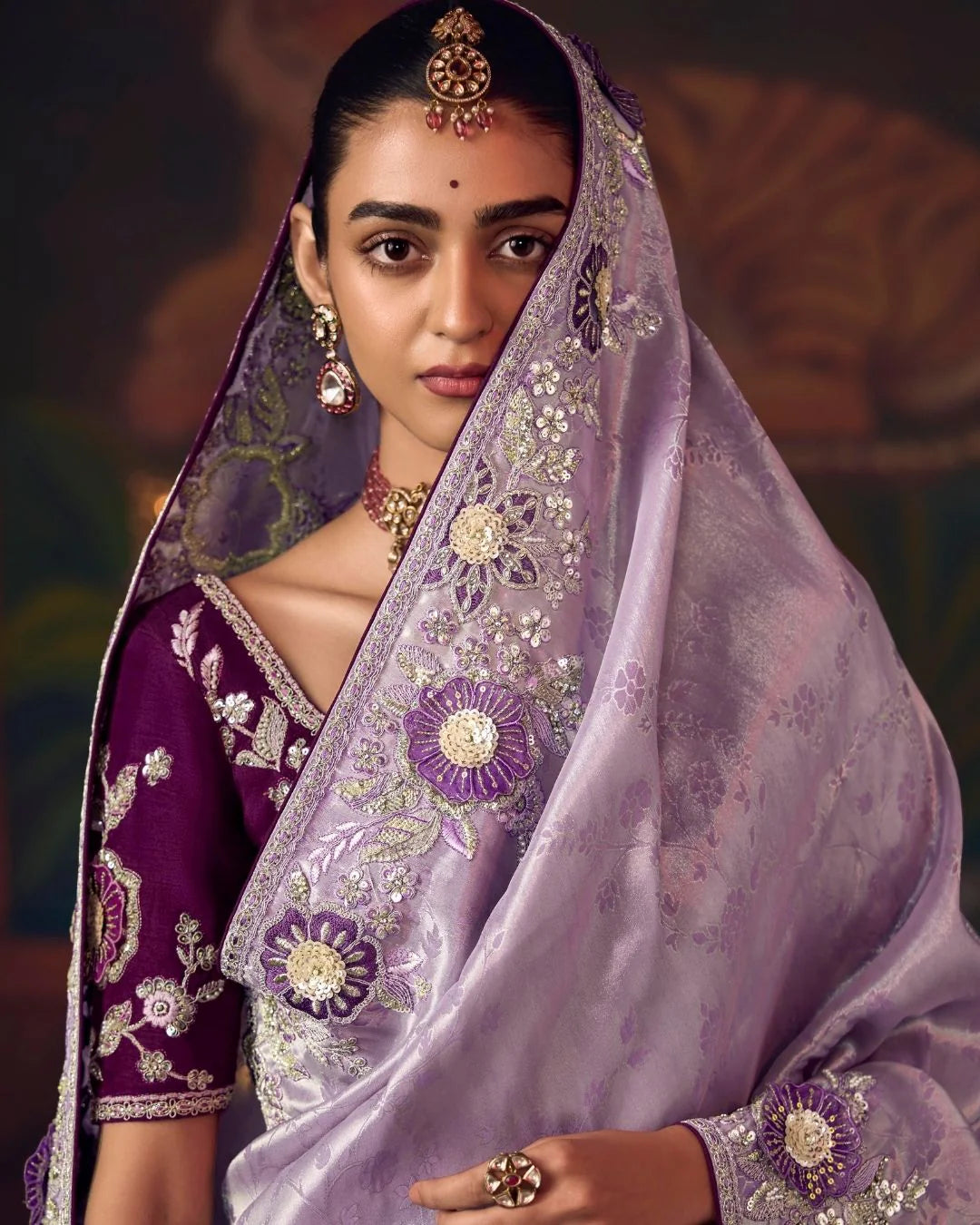 Lavender Shagun Silk Saree with Hand Embroidery & Designer Contrast Blouse