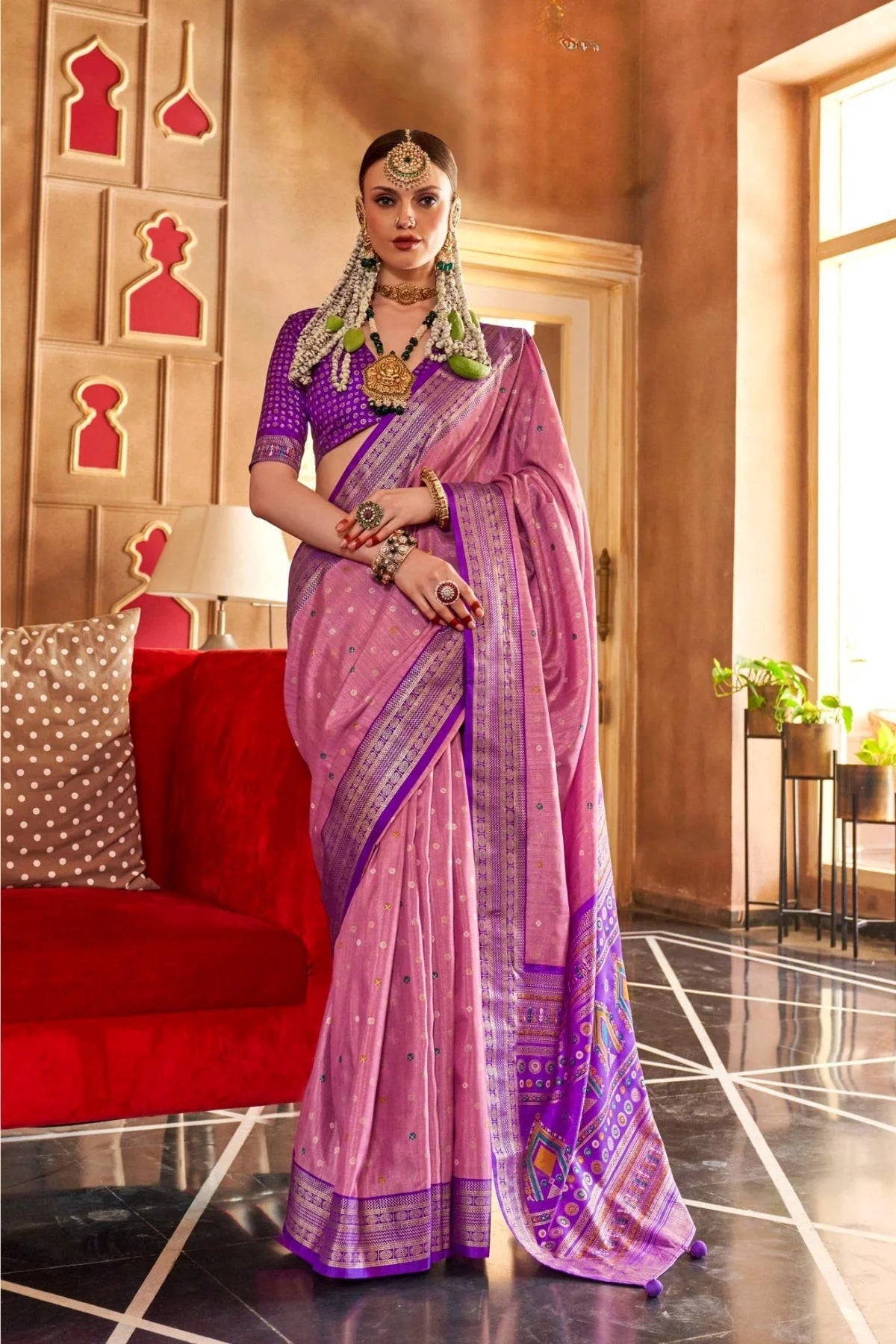 Baby Pink and Purple Mercerized Sigma Silk with Sambalpuri Pallu & Aqua Finish