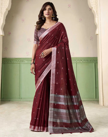 KHYATI Maroon Linen Silk Woven Saree