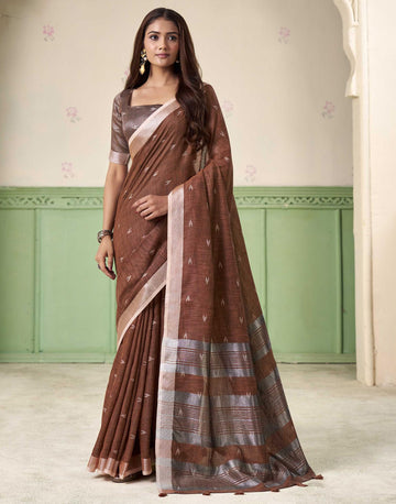 KHYATI Brown Linen Silk Woven Saree