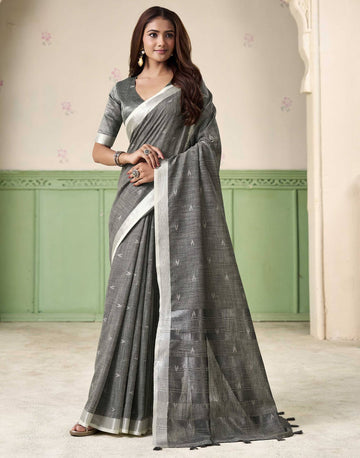 KHYATI Grey Linen Silk Woven Saree