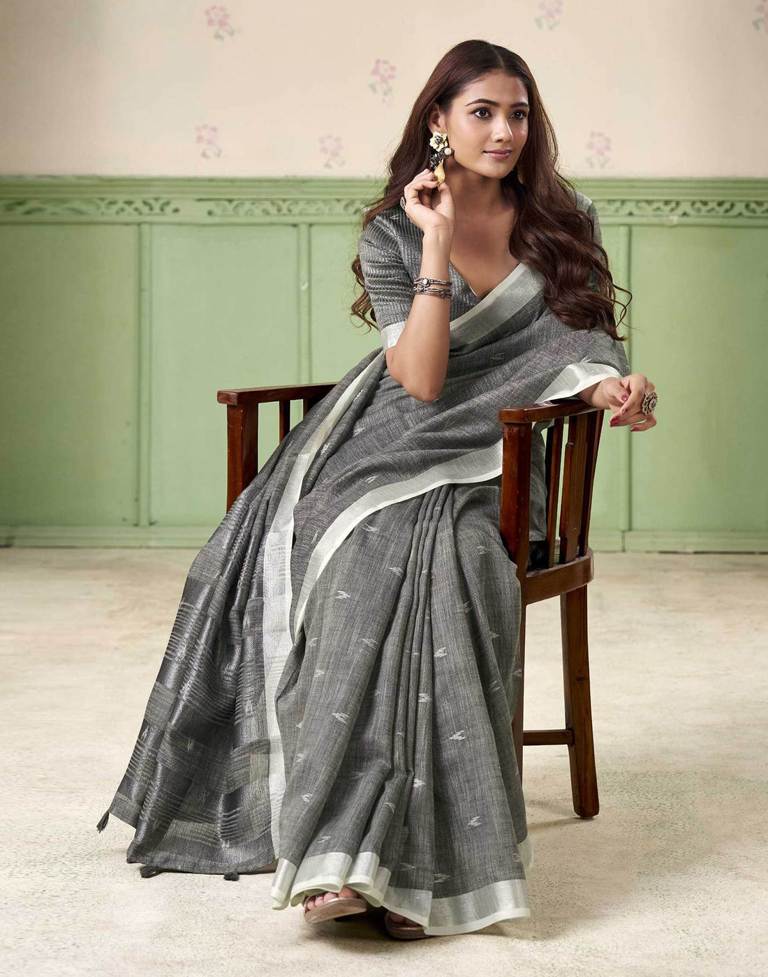 KHYATI Grey Linen Silk Woven Saree