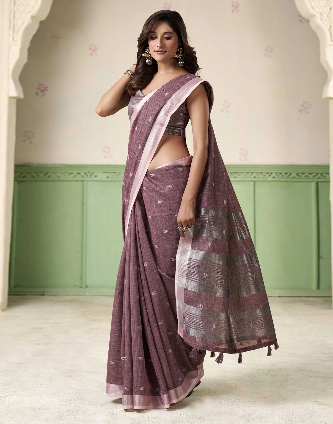KHYATI Dark Mauve Linen Silk Woven Saree