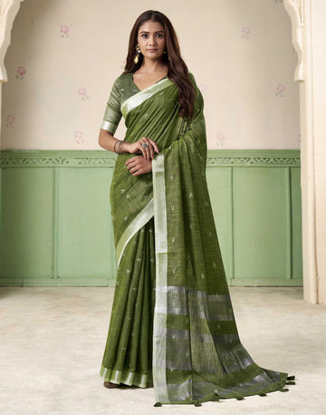 KHYATI Green Linen Silk Woven Saree