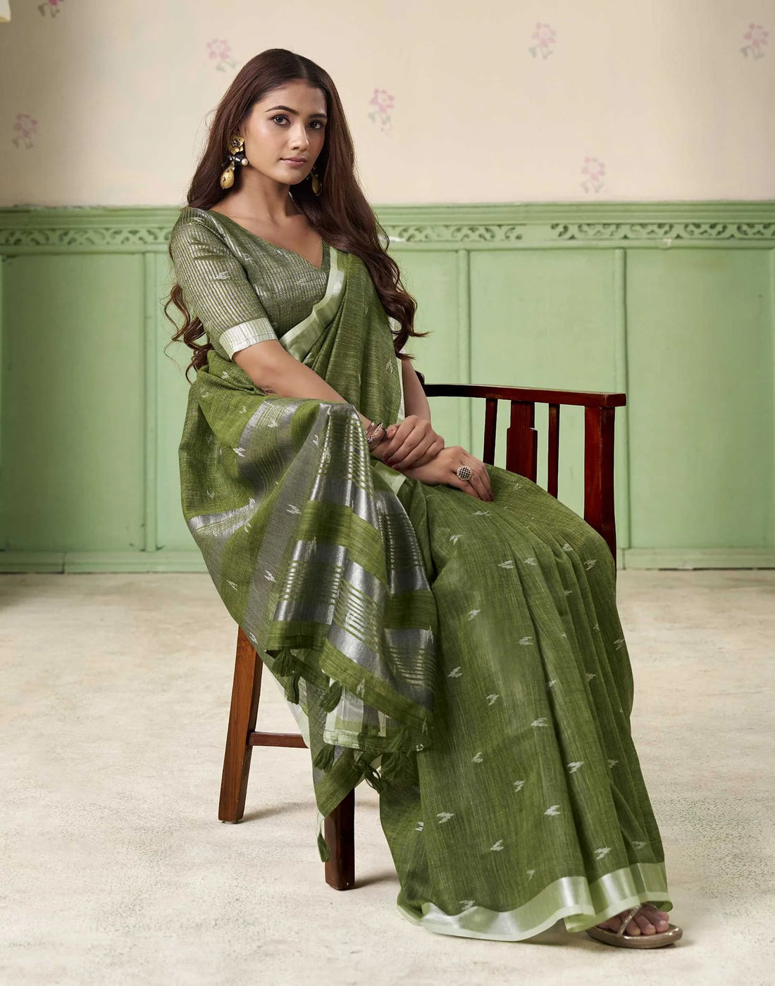 KHYATI Green Linen Silk Woven Saree