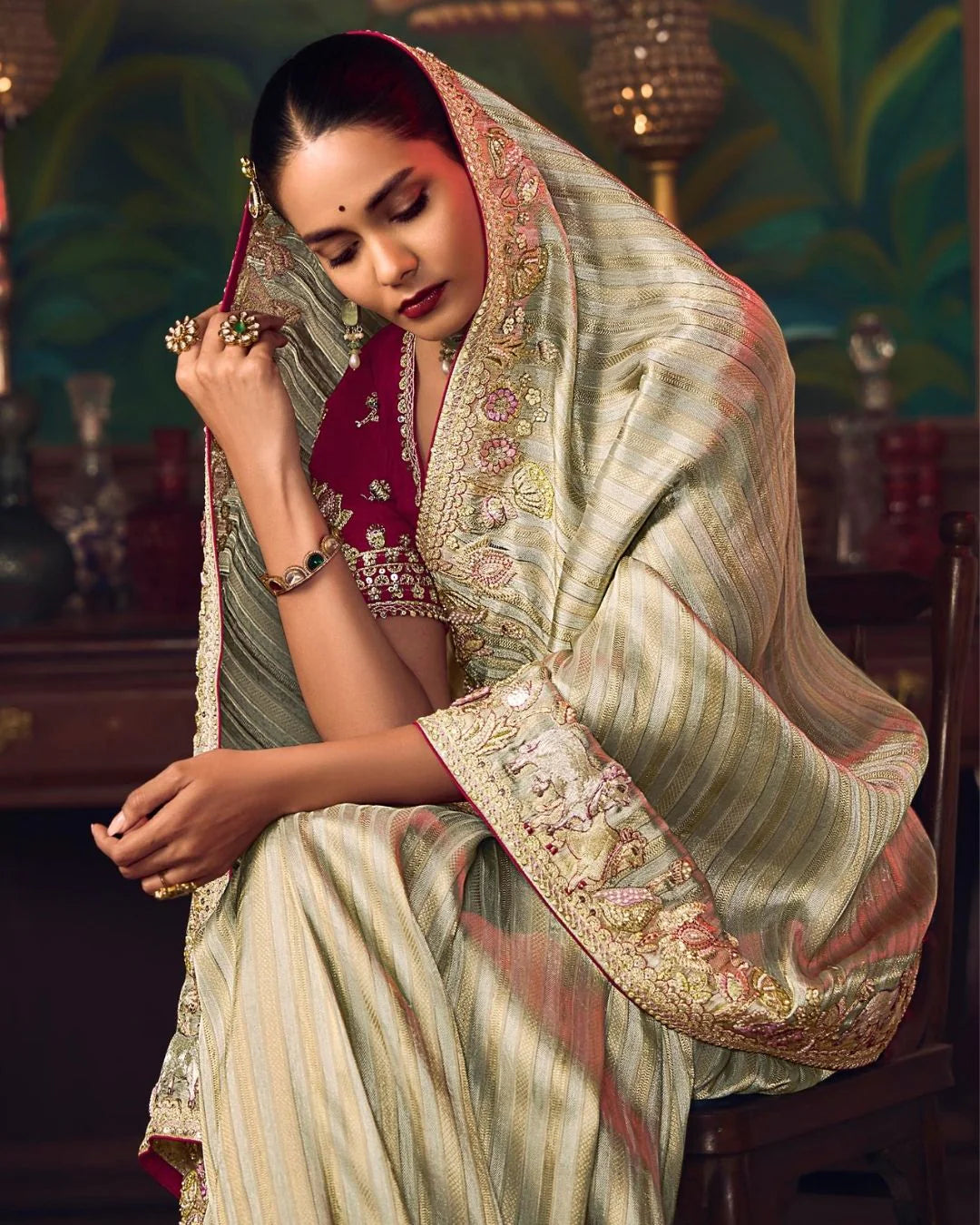 Silver Shagun Silk Saree with Hand Embroidery & Designer Blouse