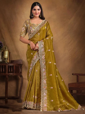 Mahotsav Flaxen Yellow Crush Paper Silk Saree with Pearl Work