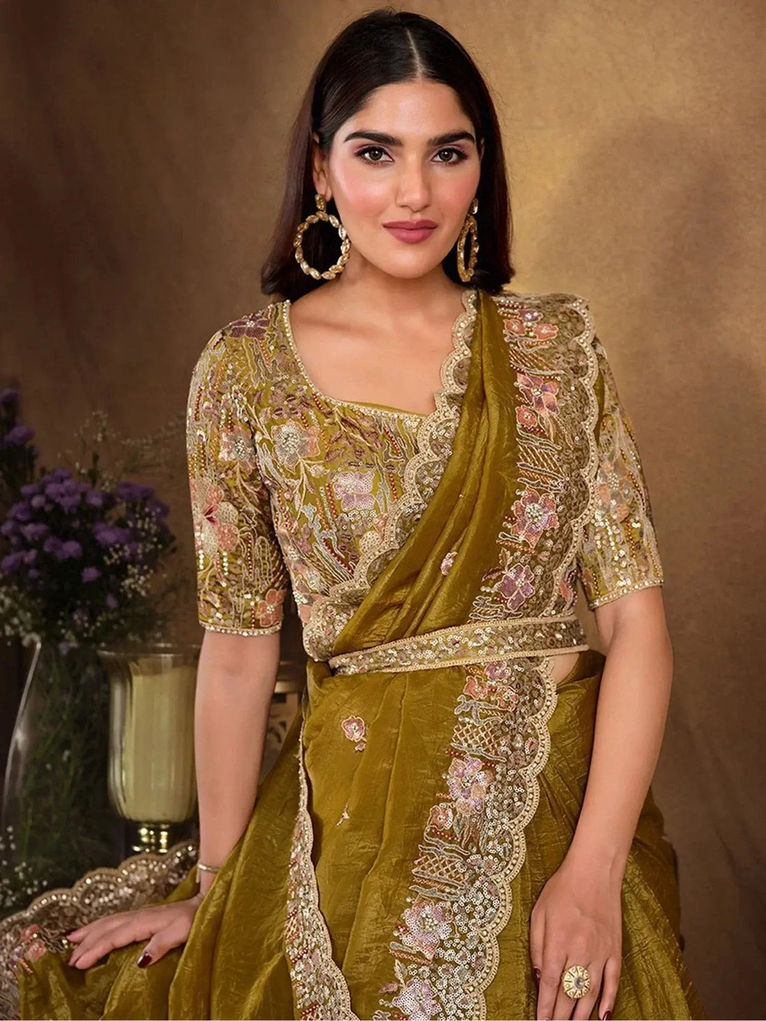 Mahotsav Flaxen Yellow Crush Paper Silk Saree with Pearl Work