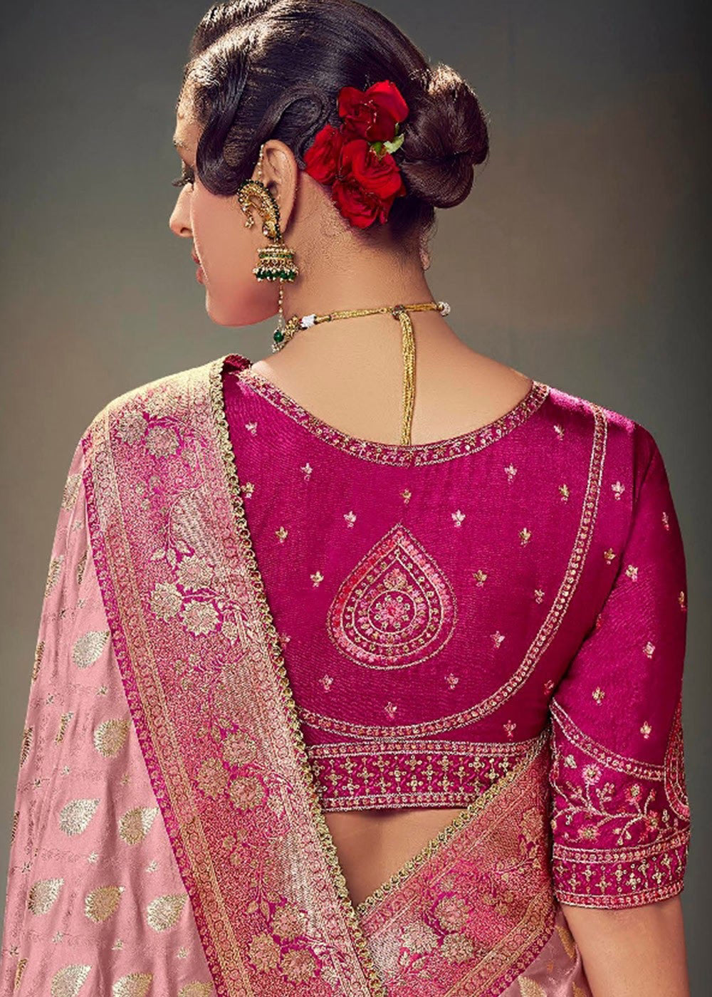 Keshva Silk Light Pink Satin-Based Saree with Designer Lace Border & Heavy Contrast Embroidered Blouse