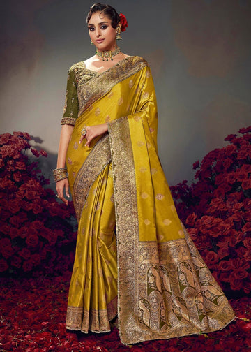 Keshva Silk Yellow Golden Satin-Based Saree with Designer Lace Border & Heavy Contrast Embroidered Blouse