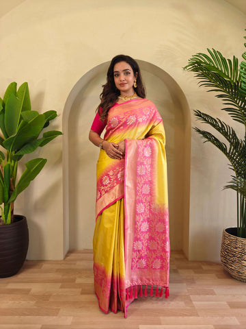Fulpati Yellow Dual Tone Silk Saree with Zari Weaving