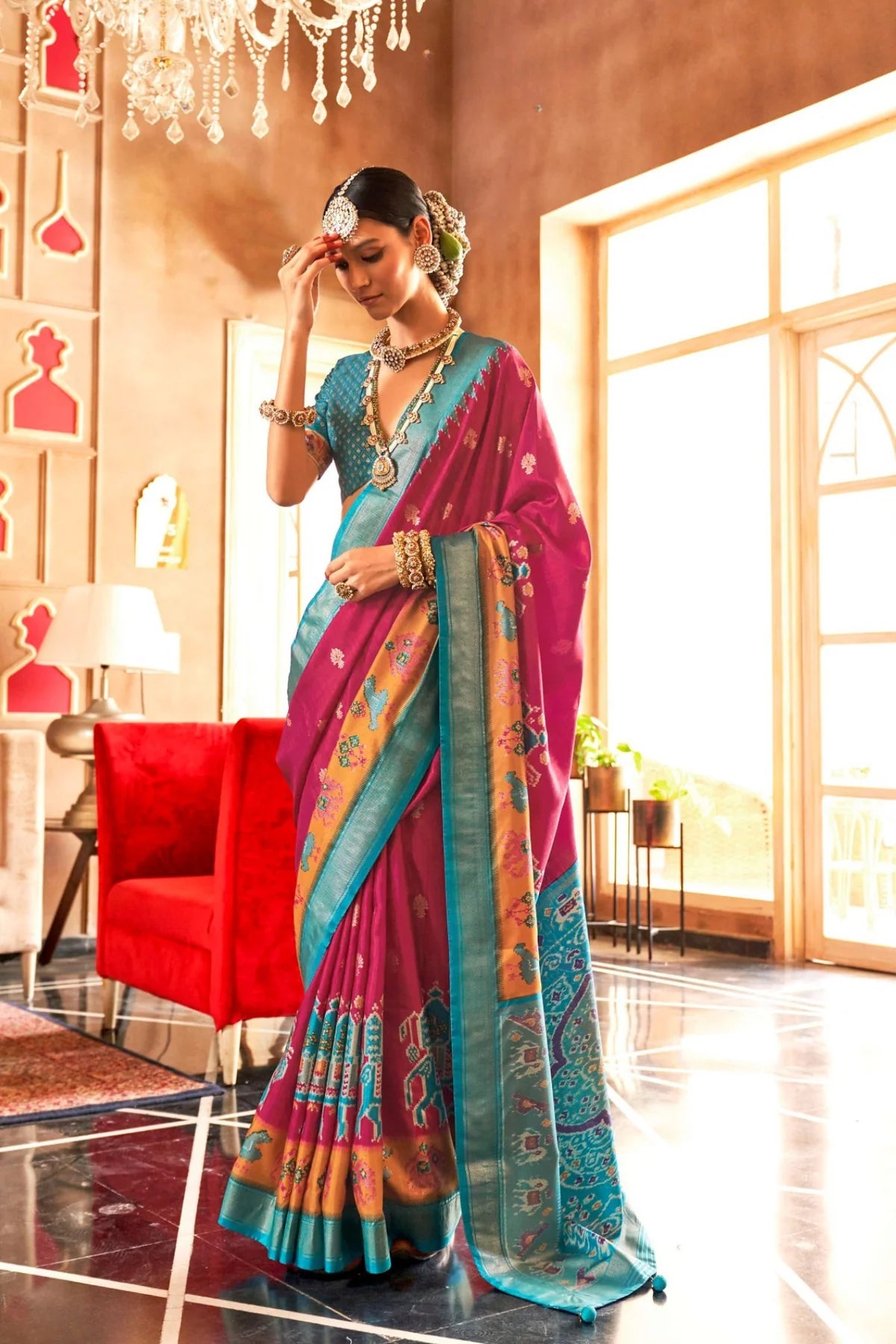 Dragon Fruit Pink  Monsoon Blue Mercerized Sigma Silk with Sambalpuri Pallu & Aqua Finish