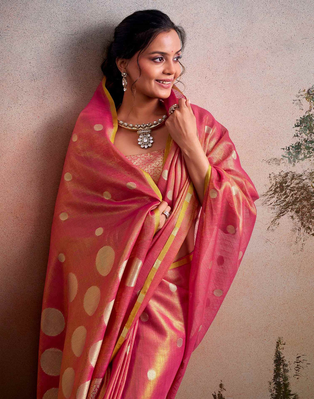 Faddism Coral Pink Anvika Doller Silk Tissue Silk Premium Saree