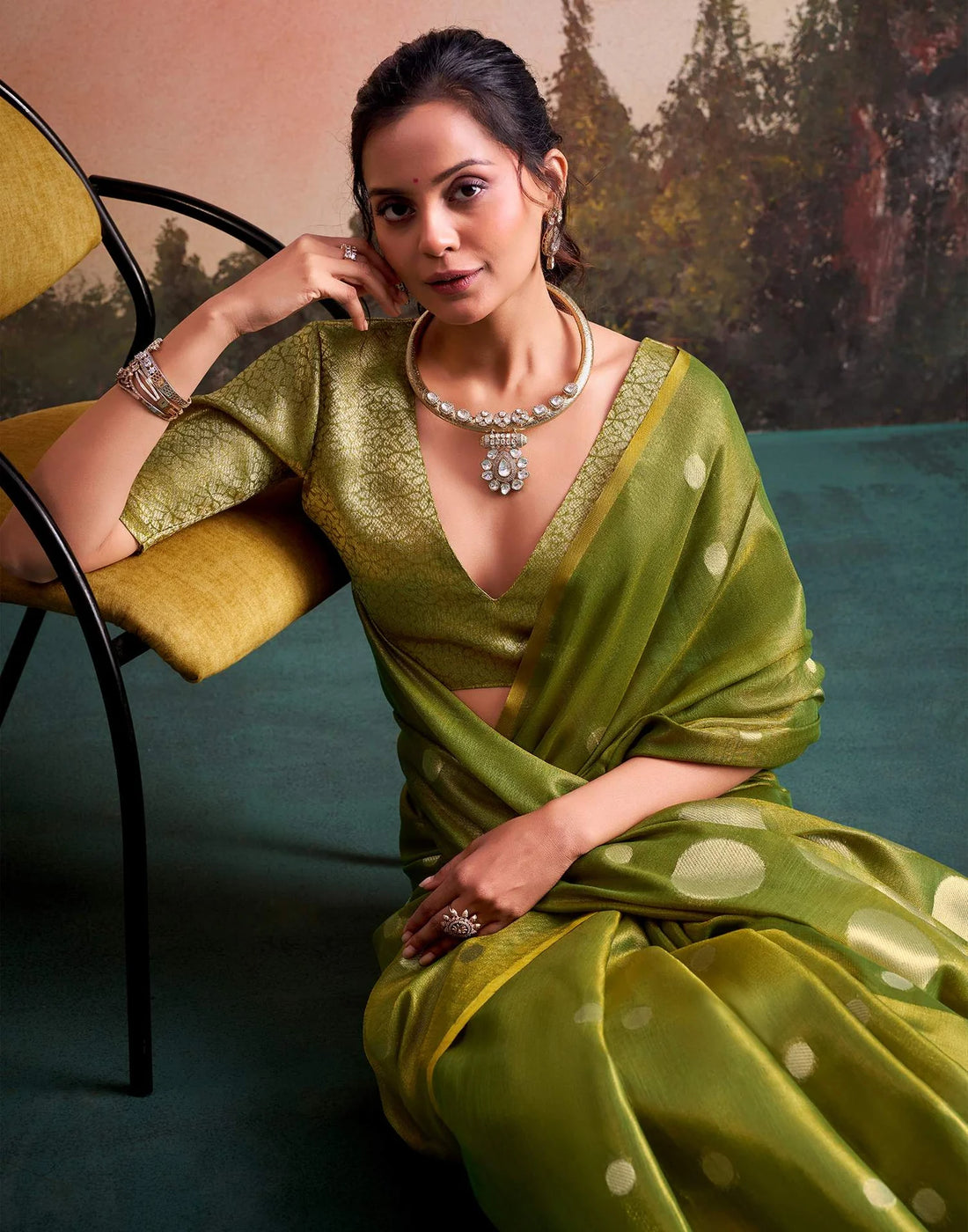 Faddism Moss Green Anvika Doller Silk Tissue Silk Premium Saree