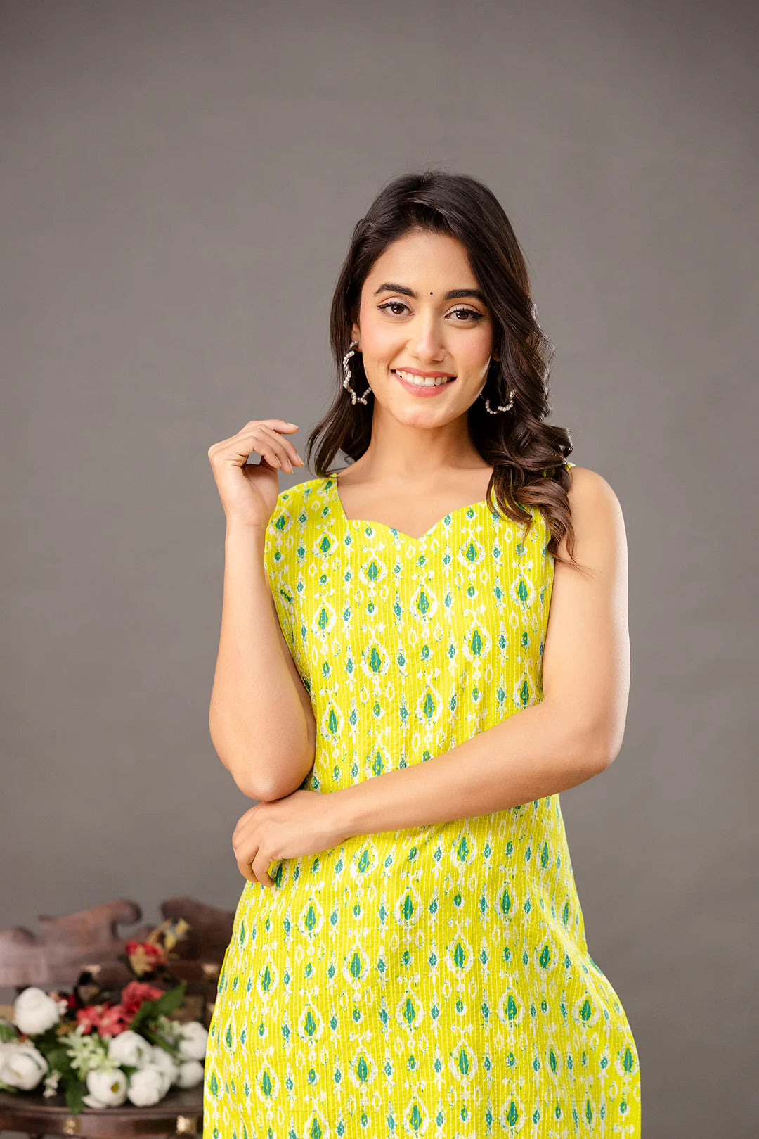 Women’s Lime Green Ikkat Printed Cotton Kurta
