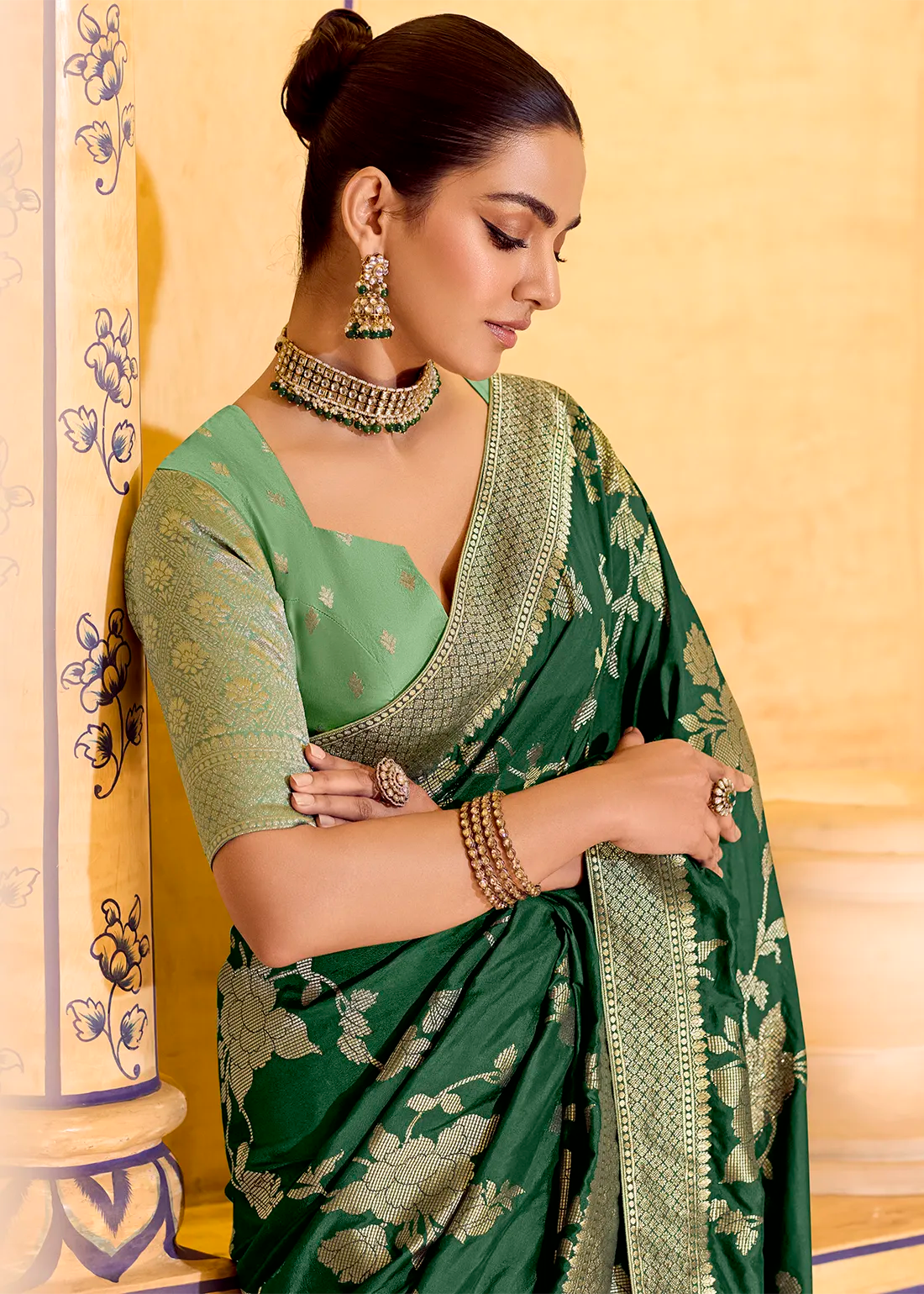 RajMahal Bottle Green Pure Banarasi Crepe Silk Saree
