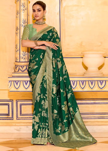 RajMahal Bottle Green Pure Banarasi Crepe Silk Saree