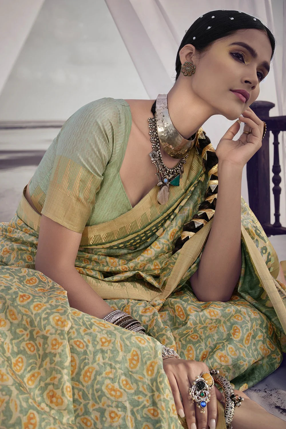 Olive Green Elegant Chhapa Silk Sarees with Rich Weaving Border