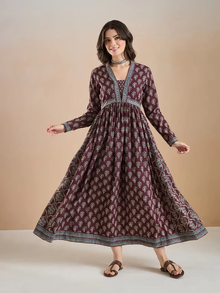 Faddism Wine Pure Cotton A-Line Anarkali Kurta