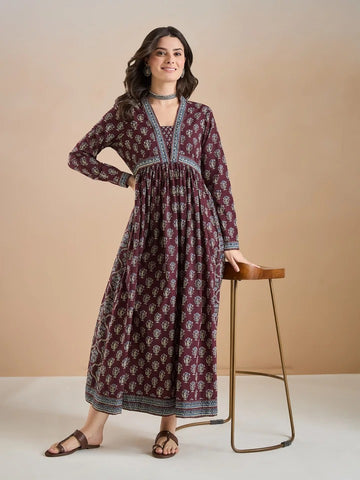 Faddism Wine Pure Cotton A-Line Anarkali Kurta
