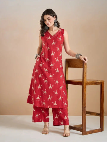 Faddism Women Red Animal Print Pure Cotton A-Line Kurta Set with Pants