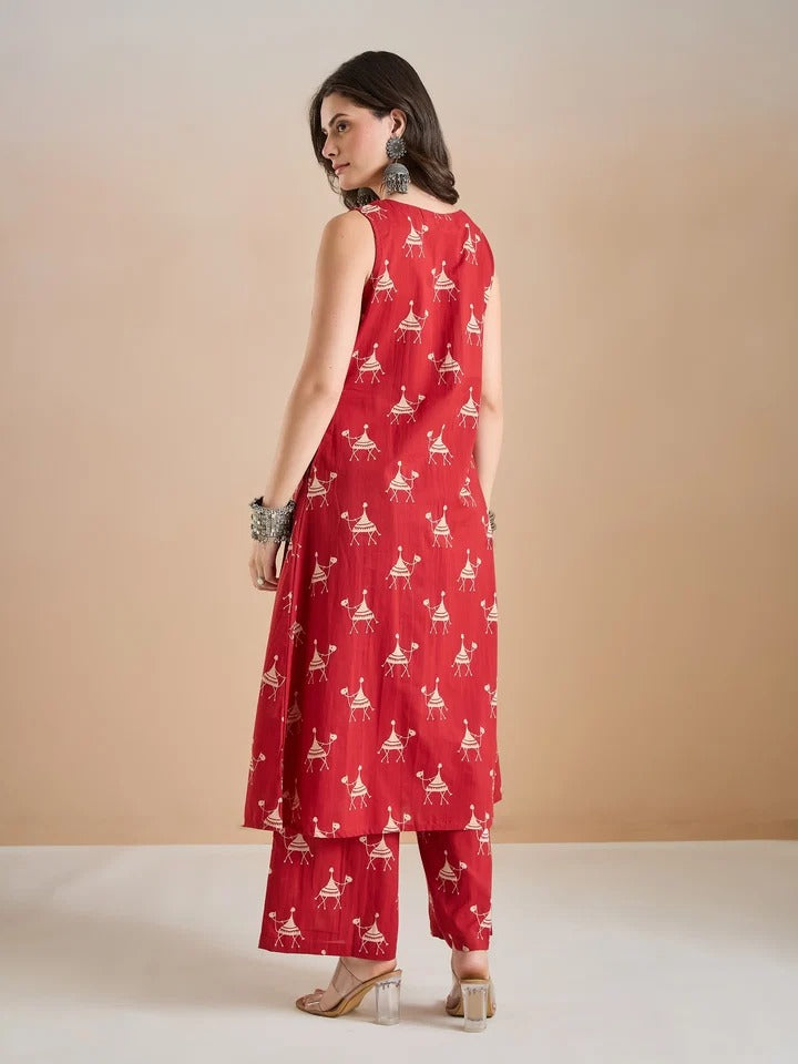Faddism Women Red Animal Print Pure Cotton A-Line Kurta Set with Pants