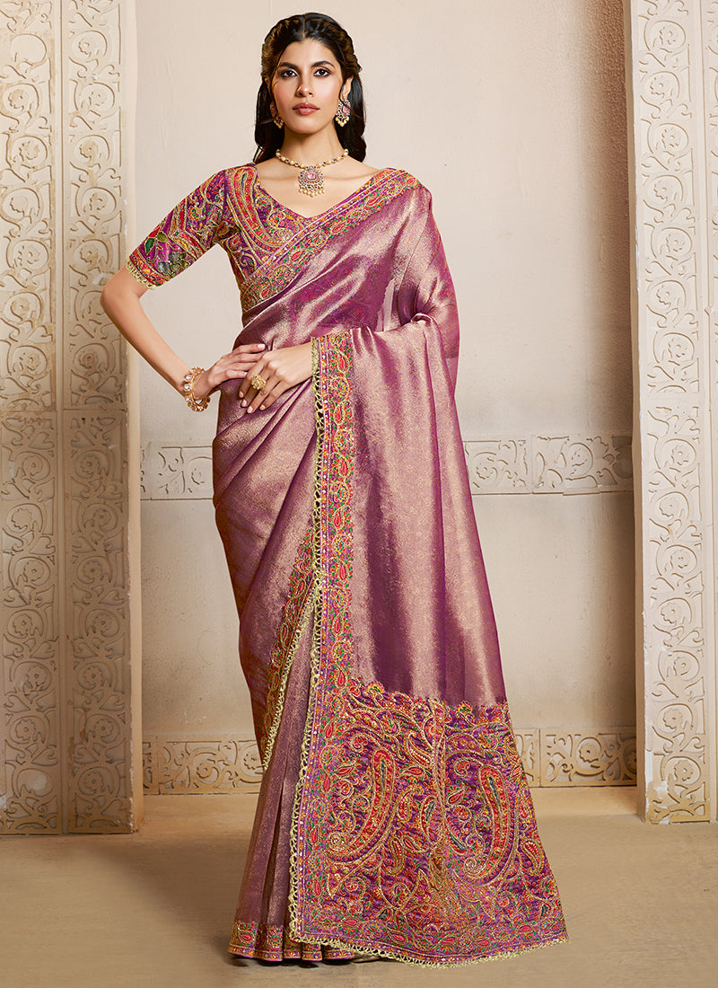 Mahotsav Regal Mauve Banarasi Silk Saree with Rich Zari & Multicolor Kashmiri Embroidery