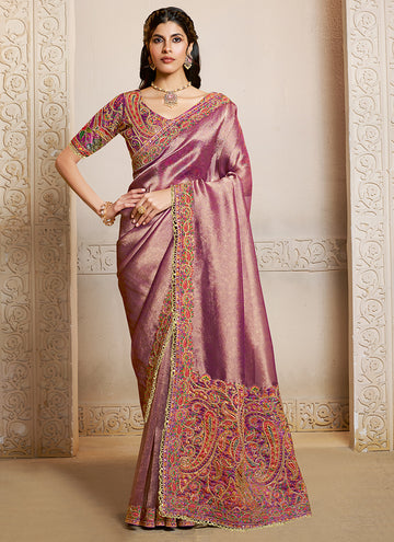 Mahotsav Regal Mauve Banarasi Silk Saree with Rich Zari & Multicolor Kashmiri Embroidery