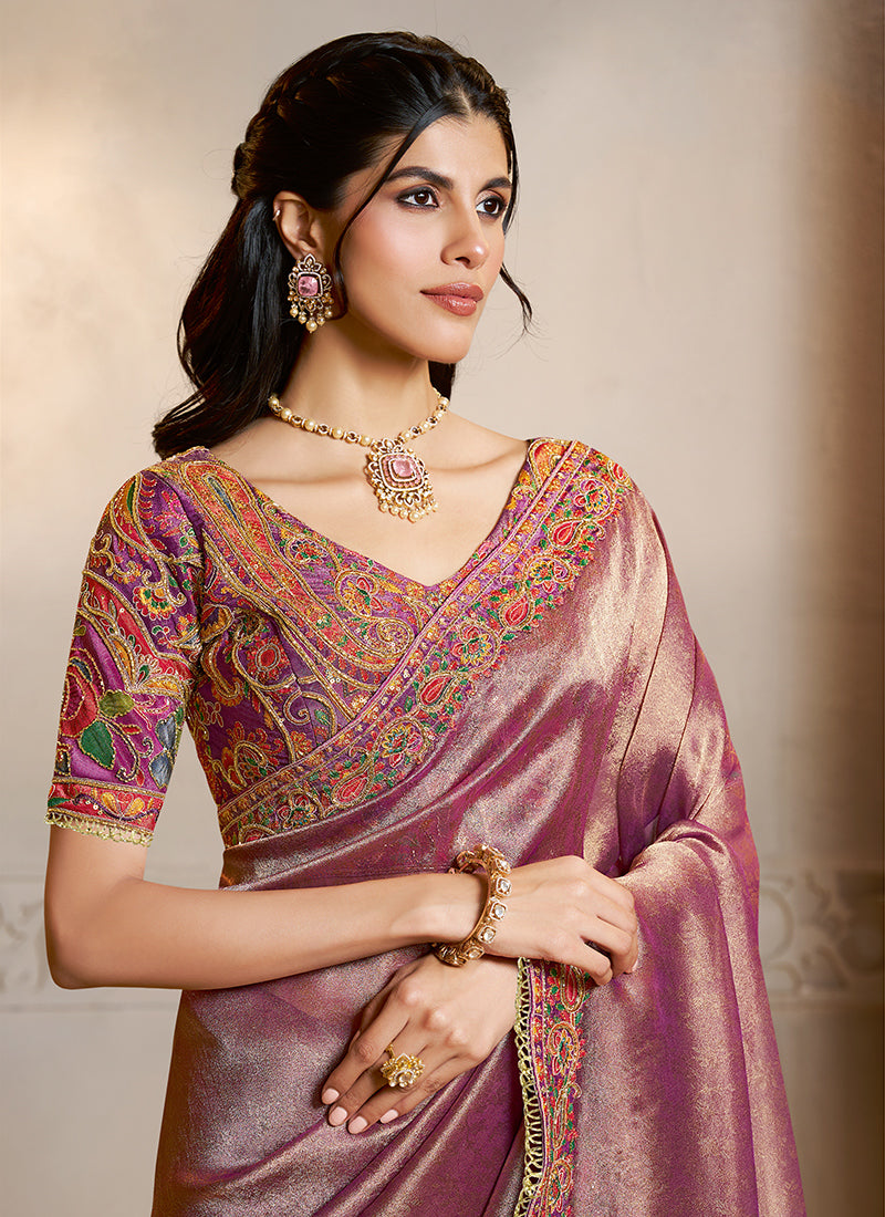 Mahotsav Regal Mauve Banarasi Silk Saree with Rich Zari & Multicolor Kashmiri Embroidery