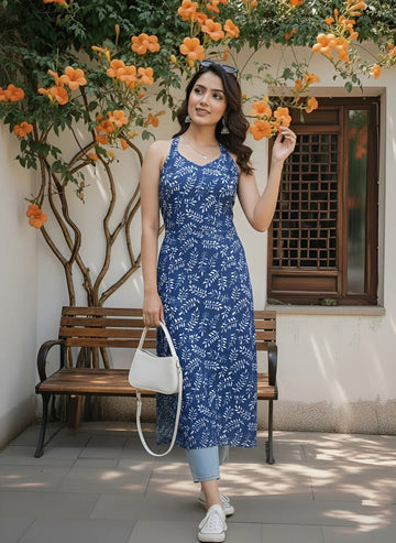 Blue Printed Stylish Back Straight Sleeveless Kurta